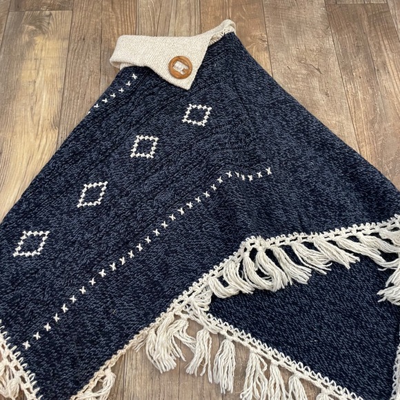 APS Malhas Sweaters - APS Malhas Portugal Navy Blue Wool Blend Knit Poncho Wrap with Fringe and Button